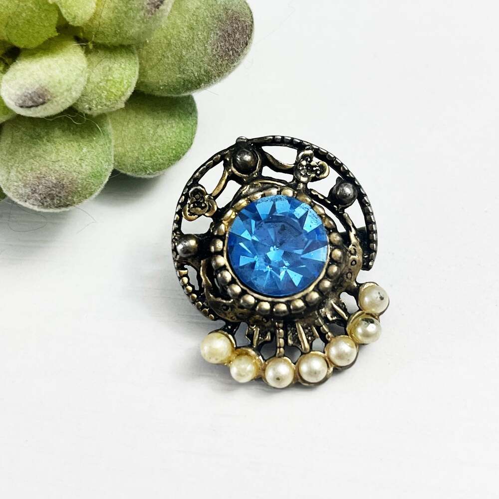 Vintage Mini Brooch with Faux Pearls & Brilliant Blue Faceted Stone